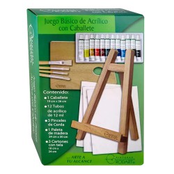 JUEGO CABALLETE+ACRILICAS+PINCELES+CART. TELA C/18