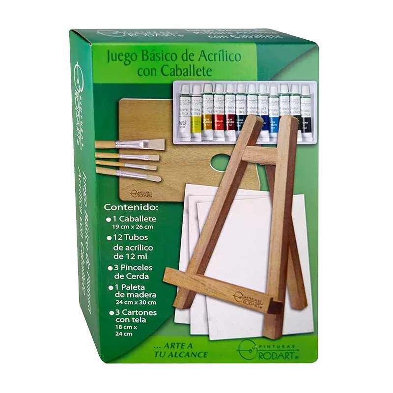 JUEGO CABALLETE+ACRILICAS+PINCELES+CART. TELA C/18